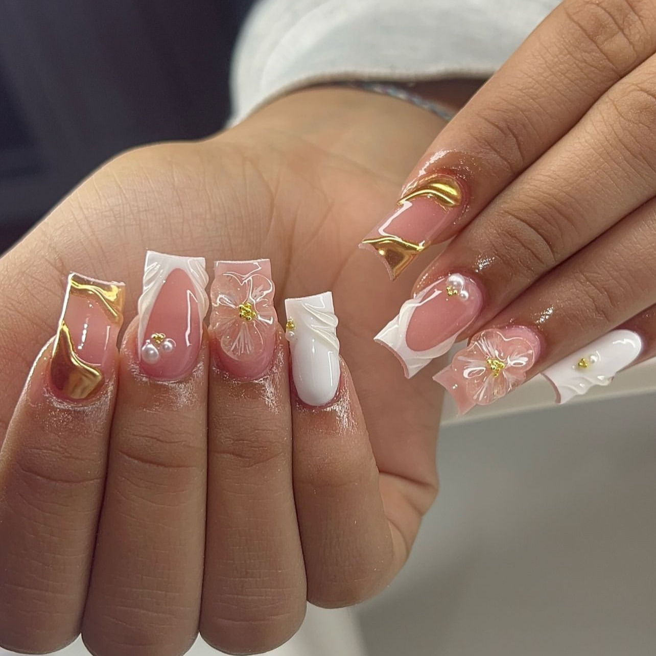 Pressed Flower Art - 24 قطعة من الأظافر الصناعية المربعة