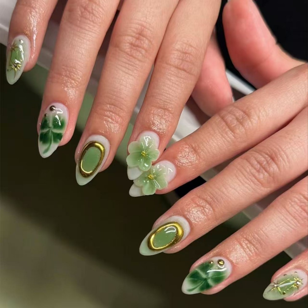 Pressed Flower Art - 24 قطعة من الأظافر الاصطناعية الفاخرة