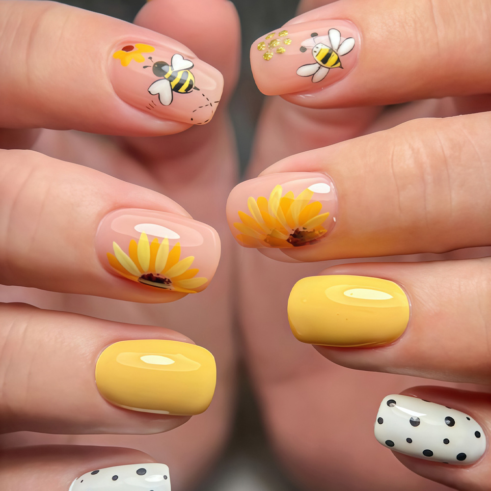 Pressed Flower Art - أظافر صناعية قصيرة مربعة الشكل للنساء