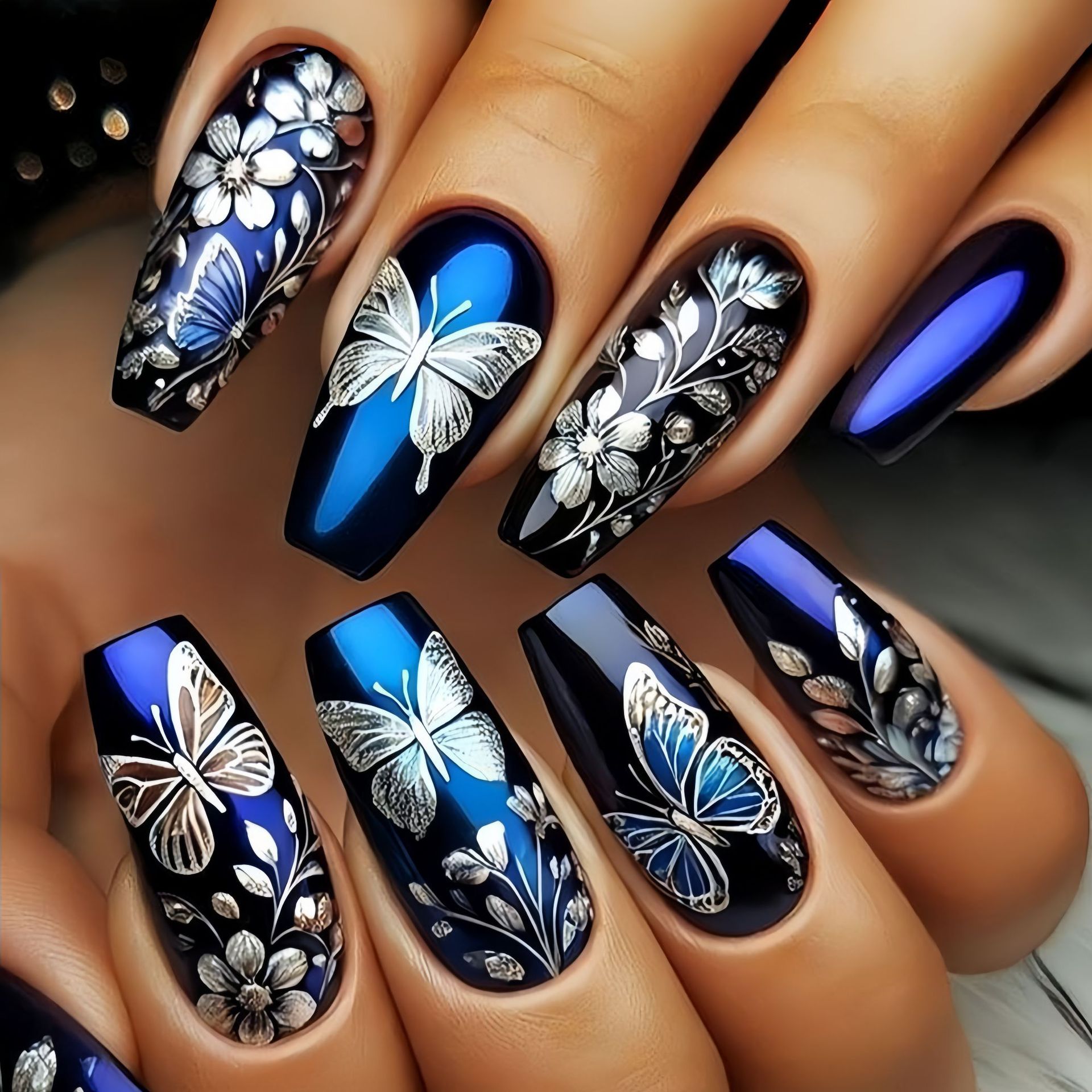 Pressed Flower Art - أظافر صناعية متوسطة الطول للنساء والفتيات
