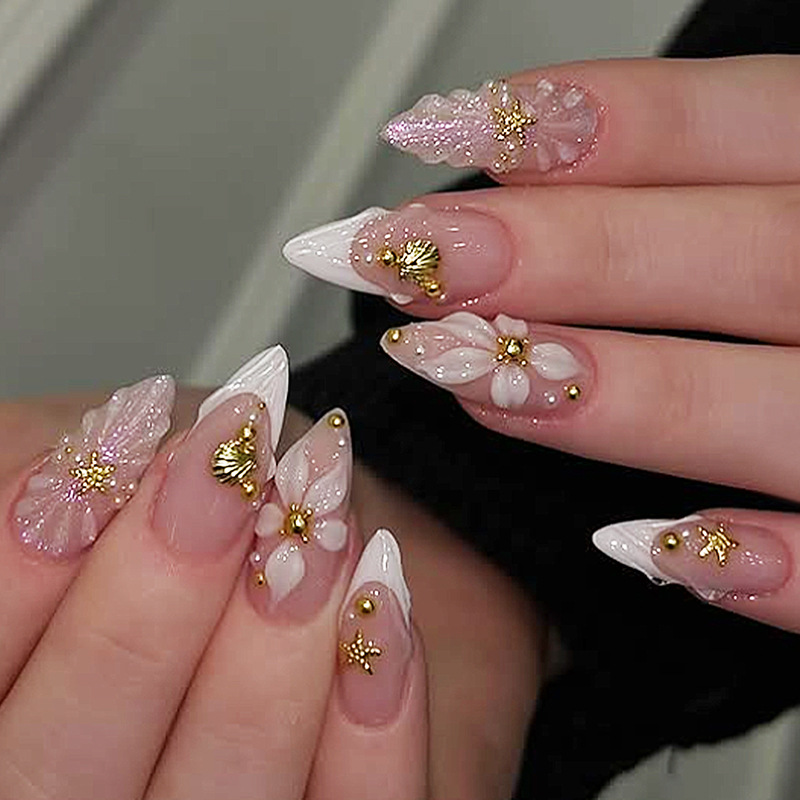Pressed Flower Art - 24 قطعة أظافر صناعية جاهزة لاصقة