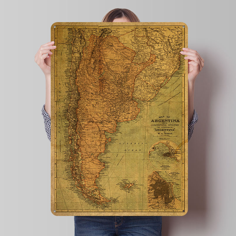Custom Map Poster - خريطة الأرجنتين العتيقة على لوحة معدنية،