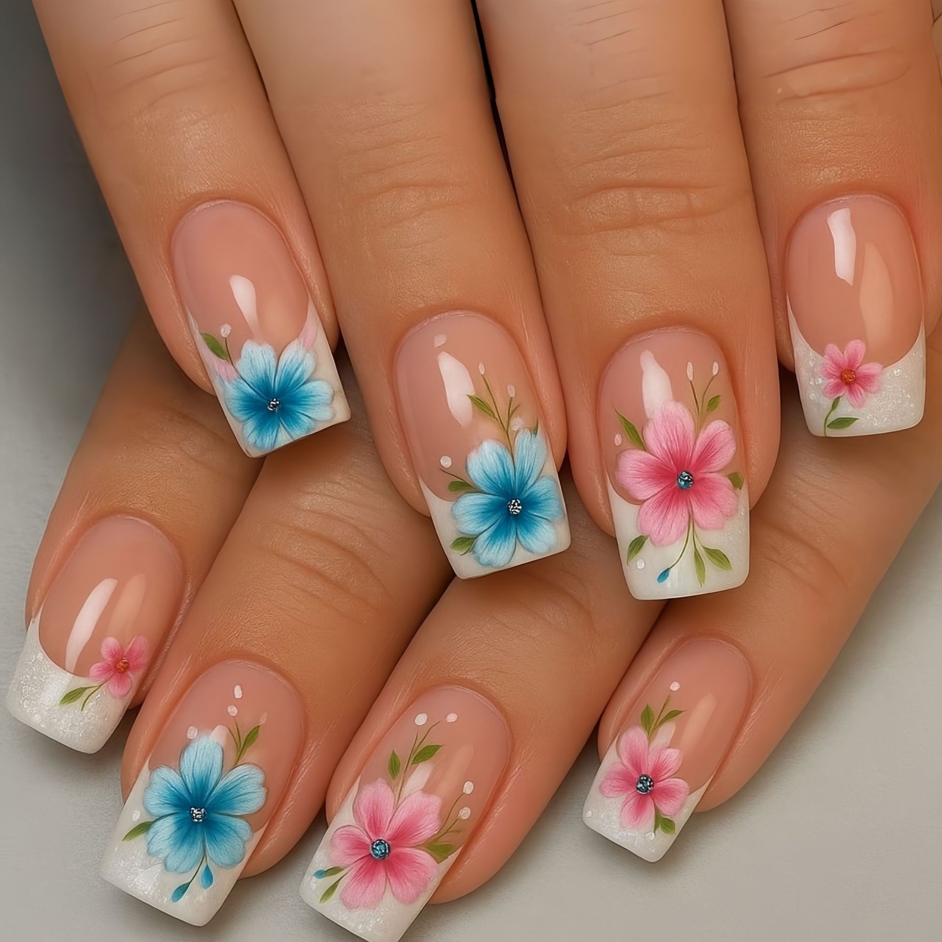 Pressed Flower Art - أظافر صناعية قصيرة ومتوسطة الطول للنساء،