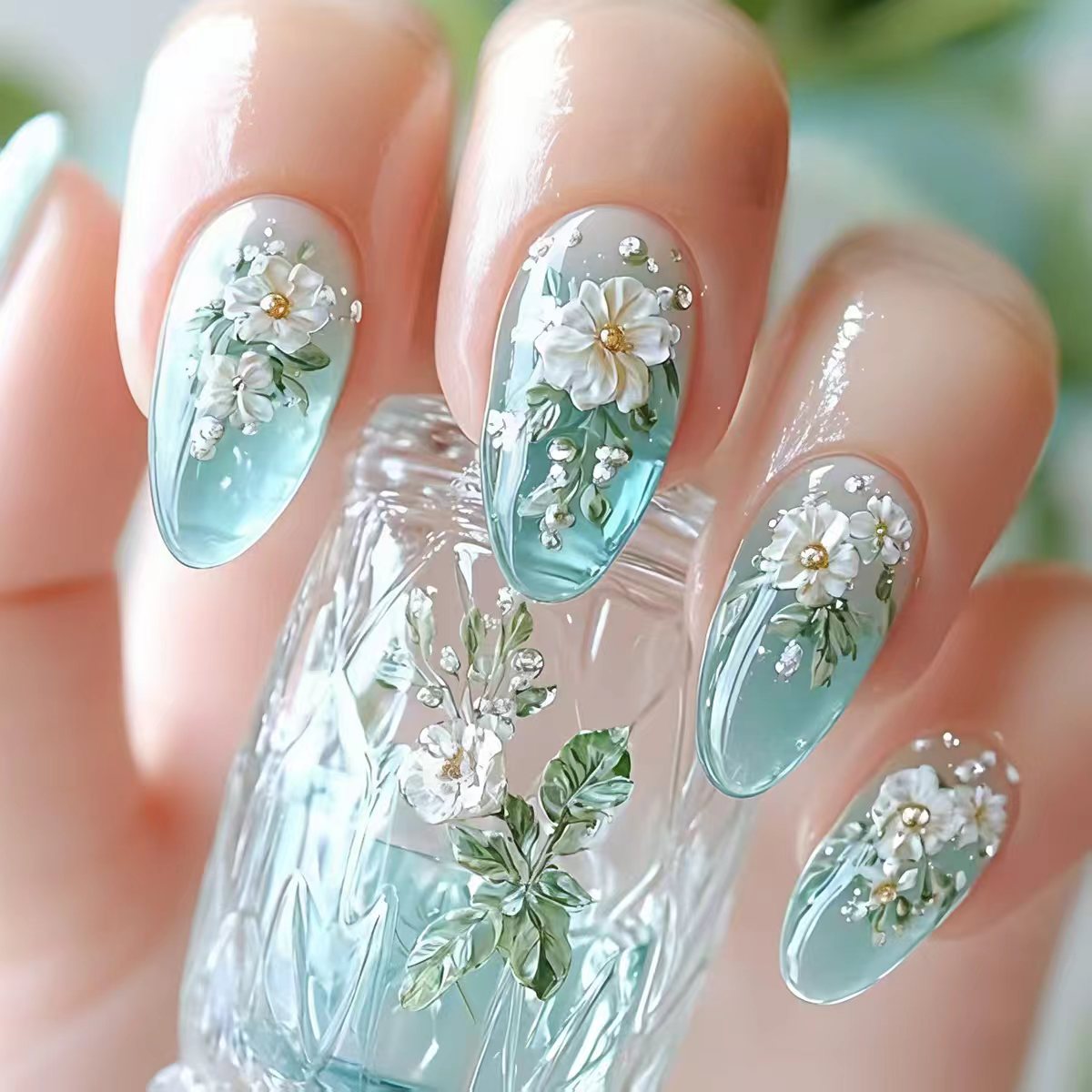 Pressed Flower Art - أظافر صناعية متوسطة الحجم للنساء والفتيات،