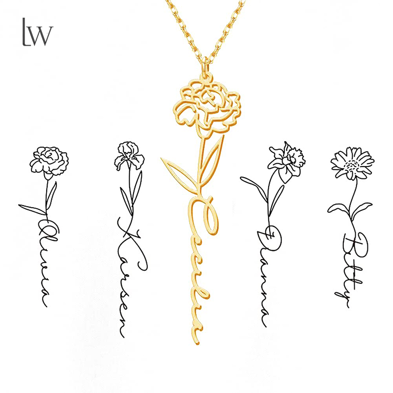 Birth Flower Necklace - شخصية الميلاد زهرة اسم قلادة اسم
